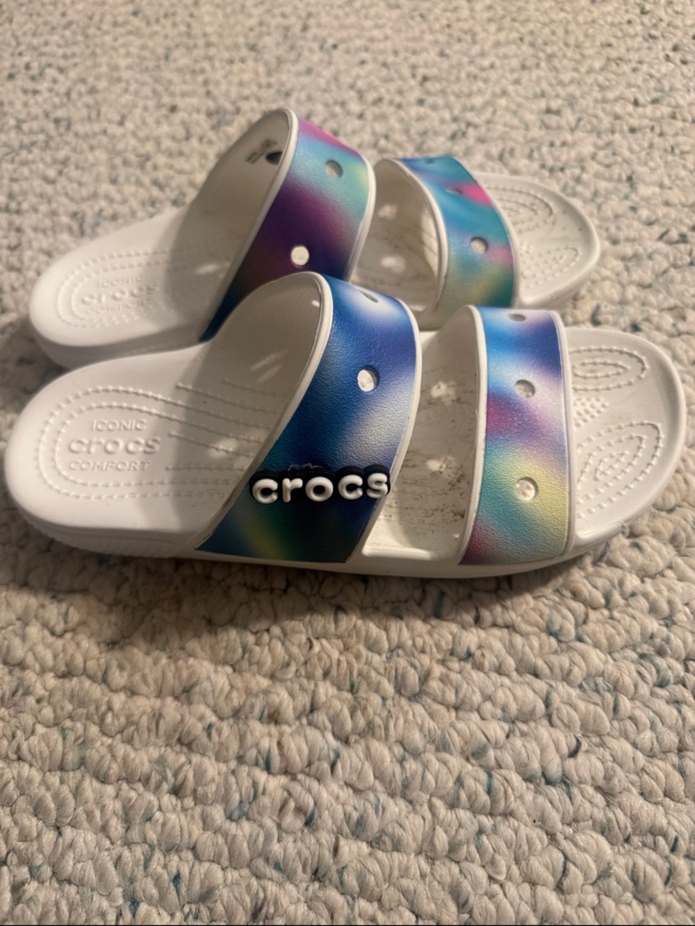 CROCS White Slides with Iridescent Blue-Pink Straps